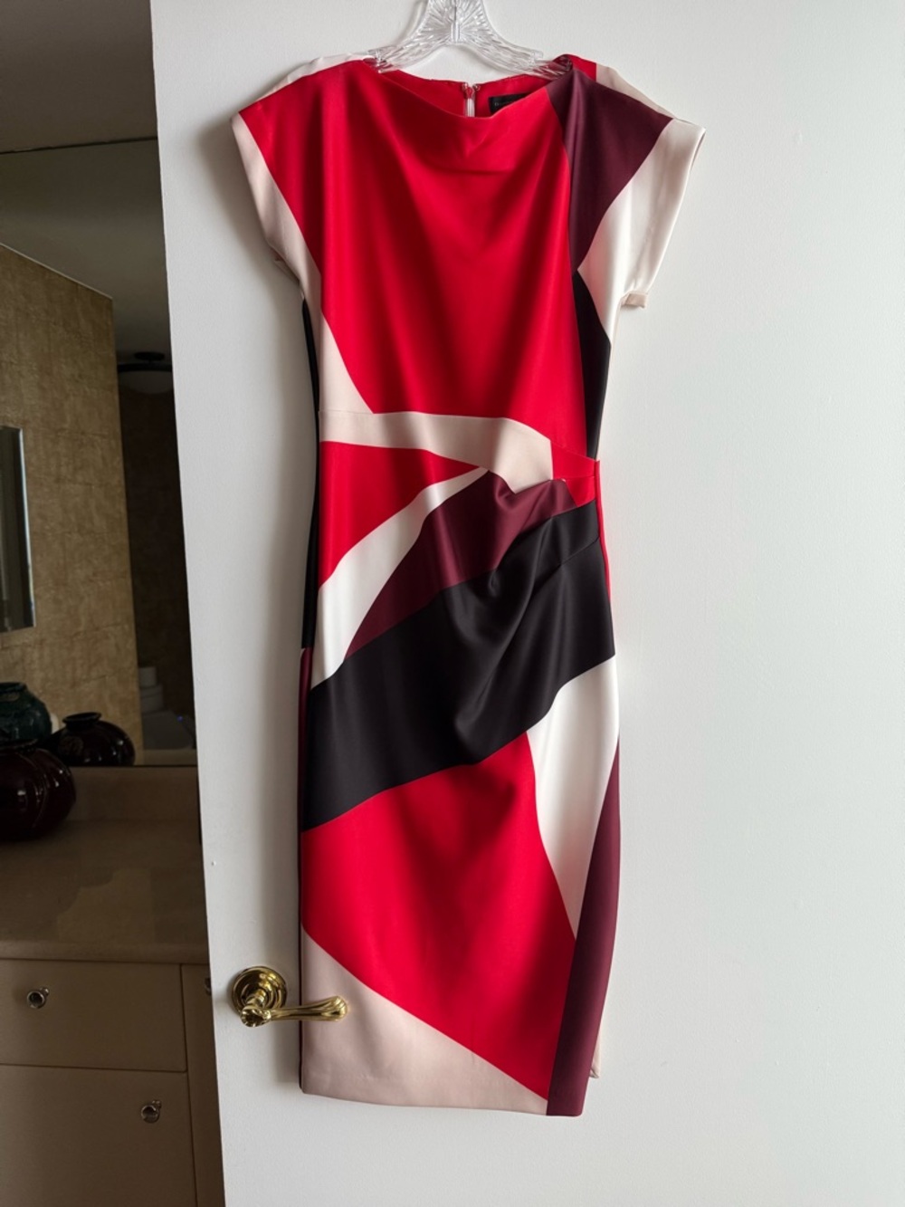 Donna Karan Red and Cream Colorblock Midi Sheath Dress